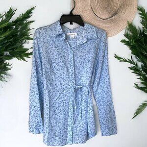Liz Claiborne Women's Small Light Blue Floral Top Button & Tie Front Blouse New